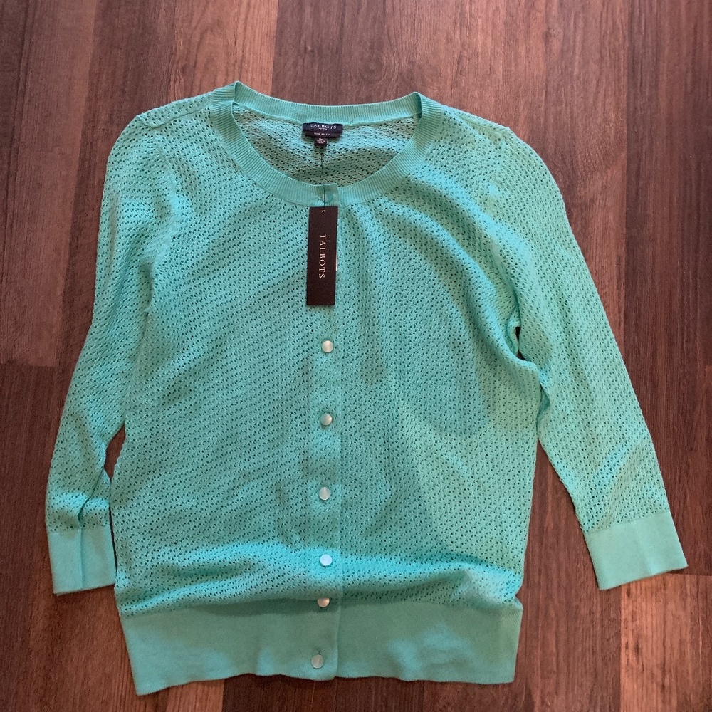 Talbots 3/4 sleeve 100 percent cotton open weave cardigan. NWT. Retsil 80.